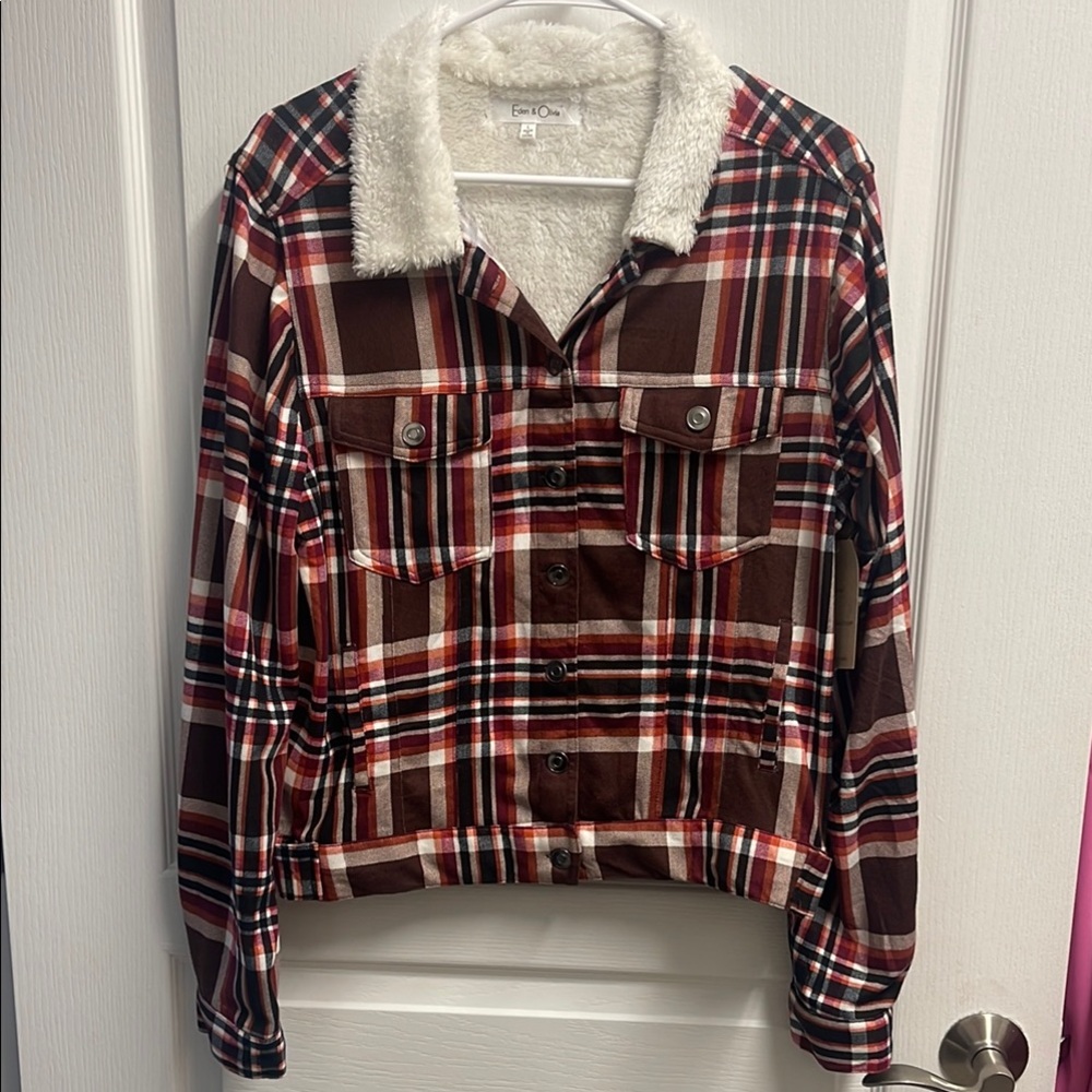 Red and Brown Plaid Jacket with Faux Fur Collar w adjustable waistband